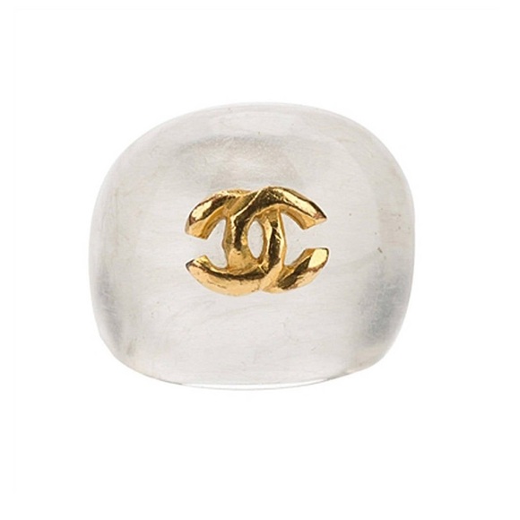 CHANEL Jewelry - CHANEL Resin Acrylic Clear Dome Gold CC Ring Vintage Rare Cockaul Ring